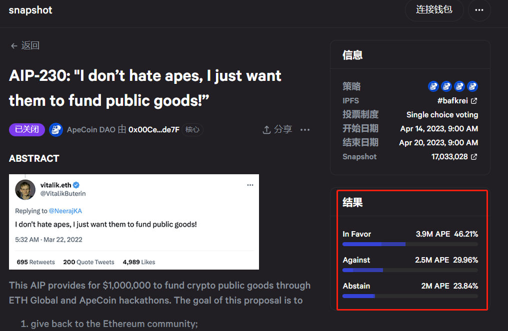 ApeCoin社區關於“向以太坊社區捐贈100萬美元”的提案已獲投票通過