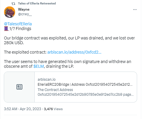 NFT游戏Tales of Elleria遭黑客攻击，损失超28万美元