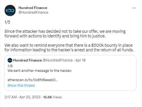 Hundred Finance：与黑客谈判失败，将悬赏50万美元征求黑客信息