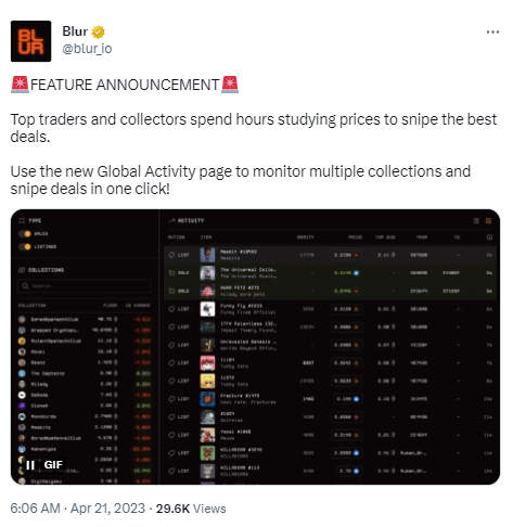 Blur推出可监控所有NFT系列上架和销售活动的界面