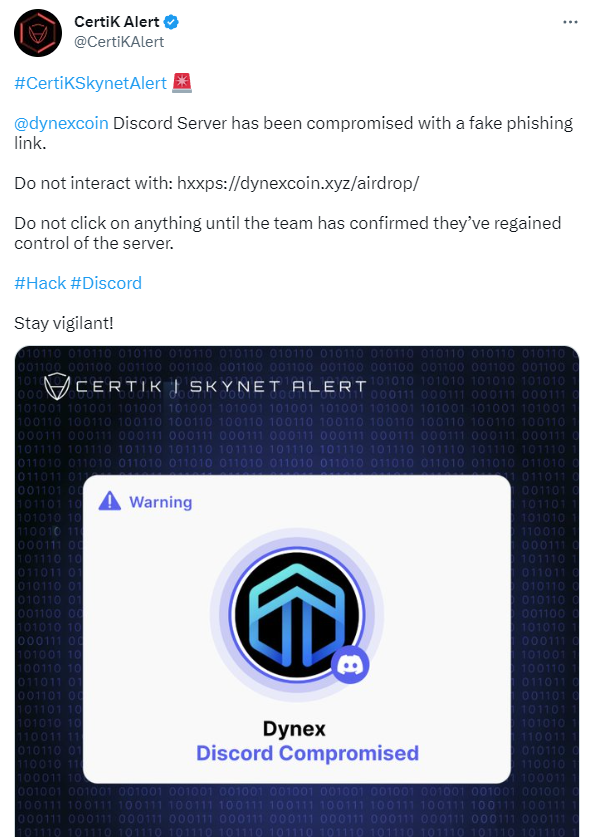 安全公司：Dynex項目Discord服務器已被黑客入侵並發布釣魚鏈接