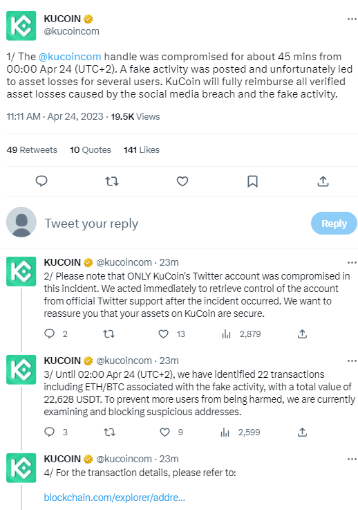 Kucoin已取回推特账号控制权，承诺将赔付此次事件受损用户