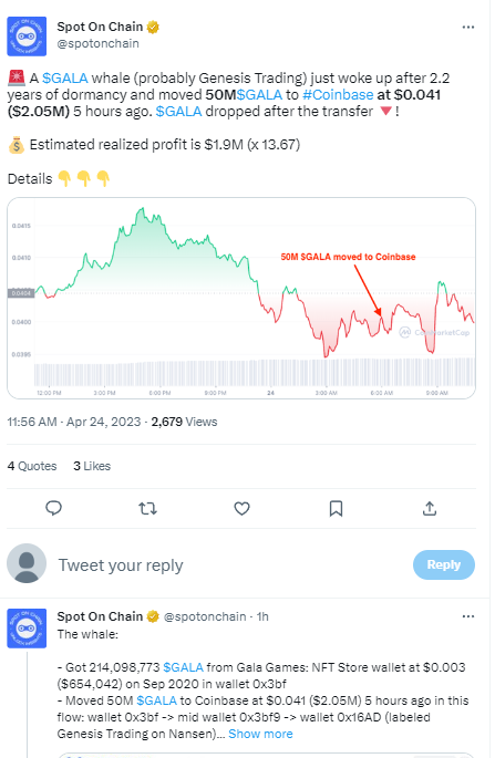 數據：某休眠2年的地址將5000萬枚GALA轉至Coinbase
