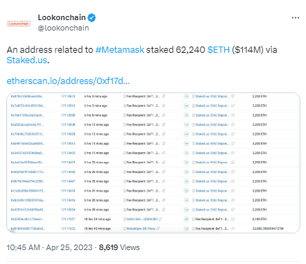 数据：某MetaMask关联地址通过Staked.us质押超1亿美元的ETH