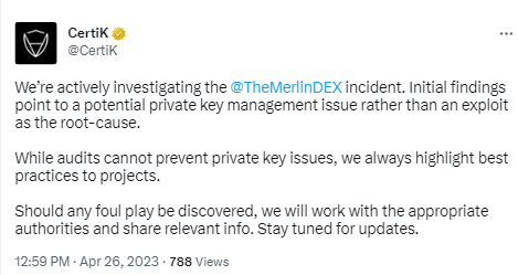 CertiK:Merlin事件或源於私鑰管理問題而非漏洞利用,正在積極調查