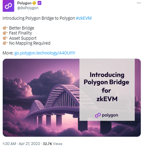 Polygon推出Polygon zkEVM跨链桥Polygon Bridge