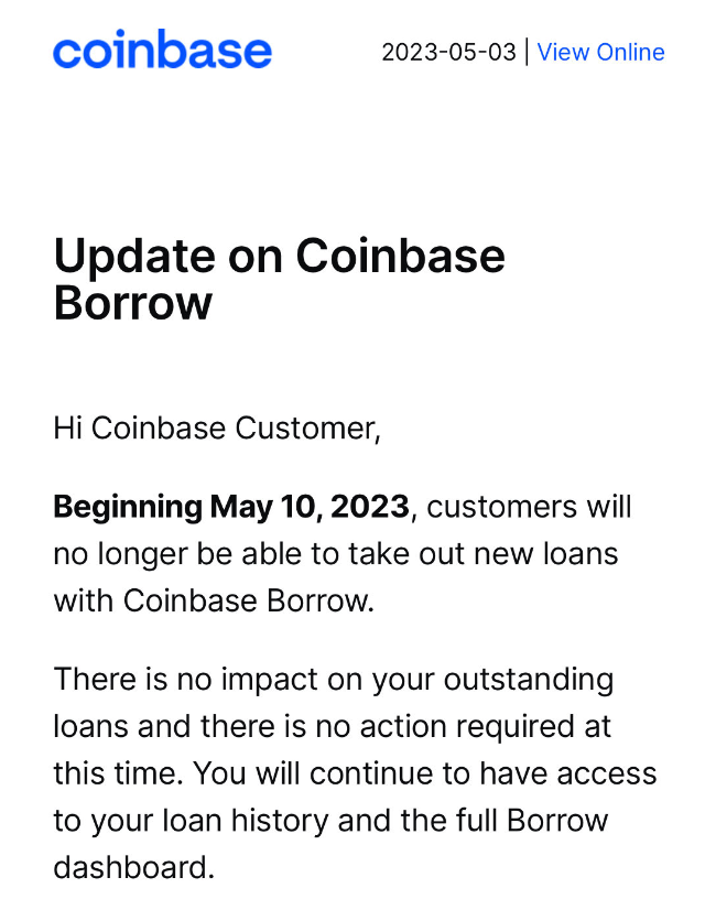 Coinbase Borrow將從5月10日起停止發放新貸款