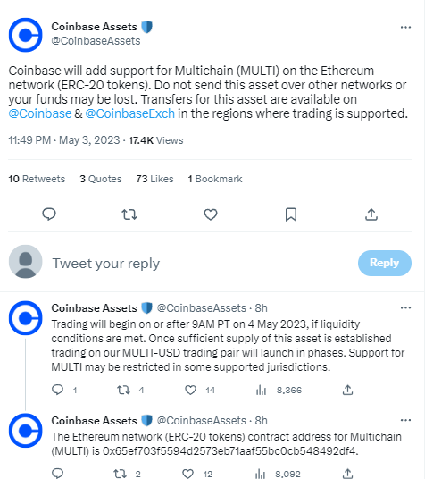 Coinbase將上線Multichain（MULTI）