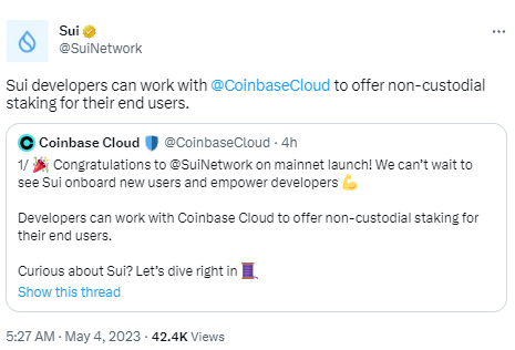 Sui與Coinbase Cloud達成合作，為用戶提供非託管質押服務