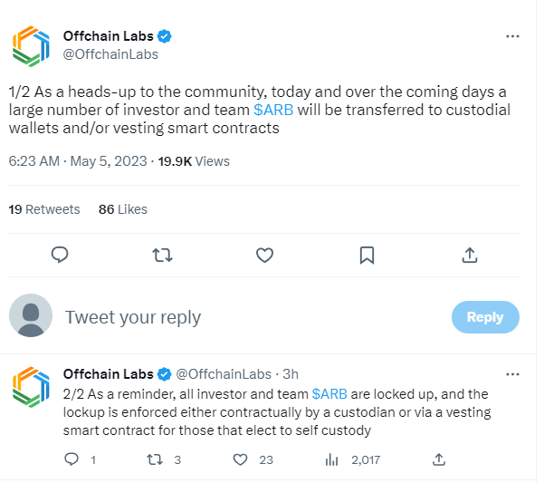 Offchain Labs：近几日大量投资者和团队的ARB将被转至托管钱包或归属智能合约