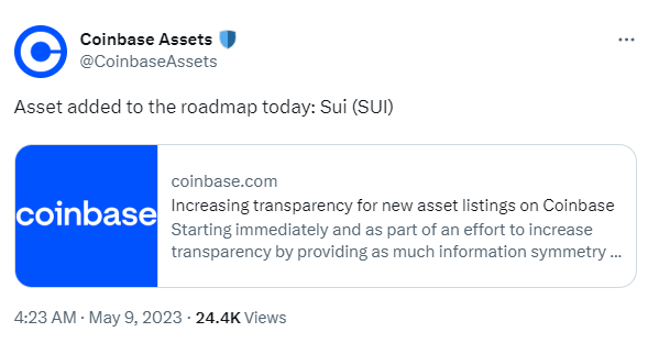 Coinbase将Sui（SUI）列入上币路线图