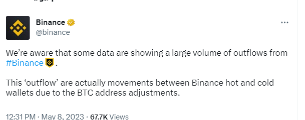 币安：BTC地址调整导致平台冷热钱包间大量资金流动