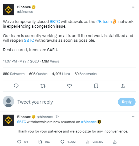 币安已恢复BTC提款服务