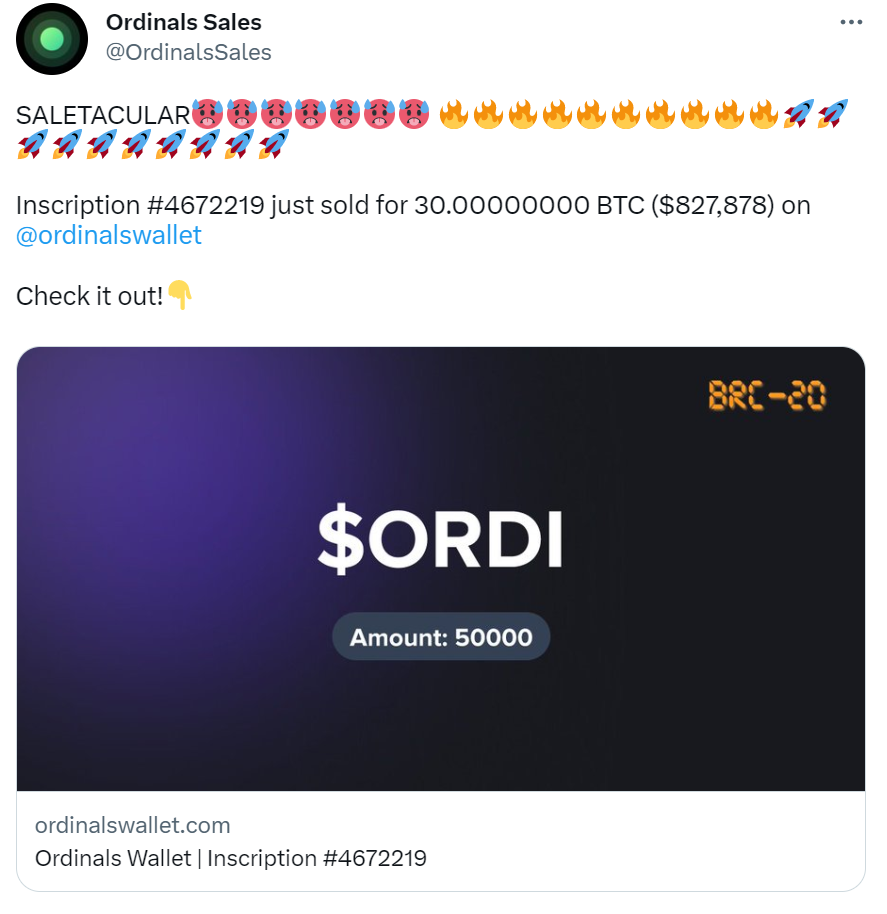 數據：某巨鯨地址花費30枚比特幣購入5萬枚ordi代幣