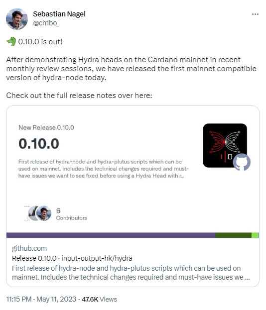 Cardano已发布Hydra节点首个主网兼容版本V0.10.0