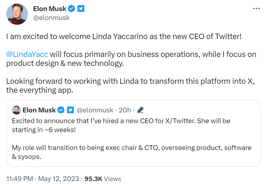 Linda Yaccarino正式成為Twitter的新任CEO，將主要關注業務運營