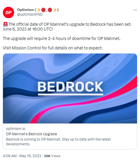 Optimism主网Bedrock升级将于6月7日进行，届时需停机2至4小时
