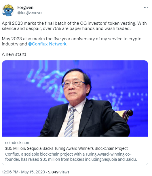 Conflux联创：最后一批早期投资人的代币在2023年4月已解锁归属