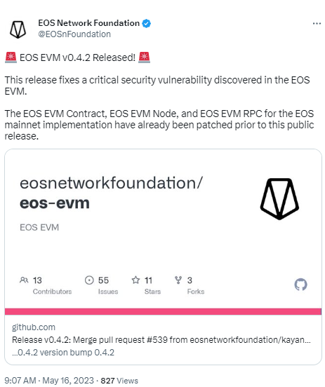 EOS EVM发布v0.4.2版本，包含严重安全漏洞修复