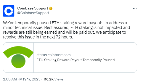 Coinbase因技术问题暂停ETH质押奖励提款，将在3天内解决