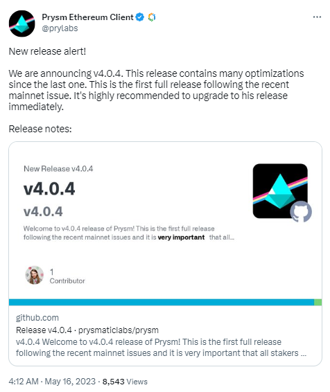 以太坊客户端Prysm发布v4.0.4版本，包含主网问题关键修复