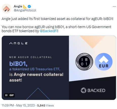Angle Protocol添加代币化短期美债ETF作为agEUR抵押品