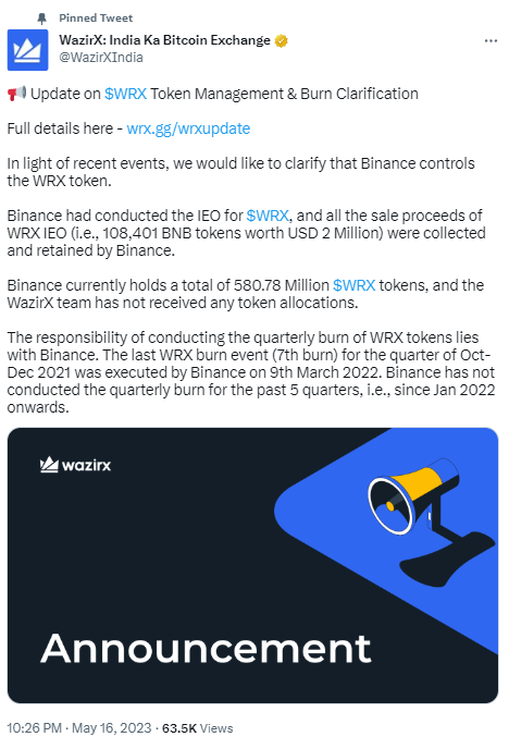 WazirX：幣安控制著WRX代幣並持有所有IE0收益，已5個季度未進行銷毀