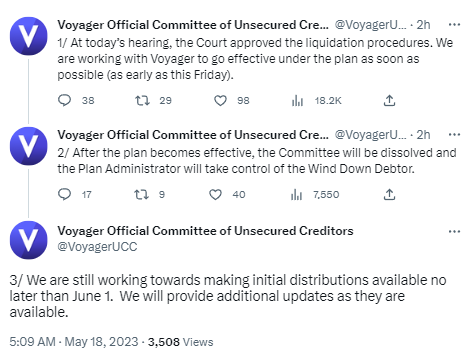 Voyager清算程序最早于5月19日开始，客户或在6月1日前收到初始赔偿