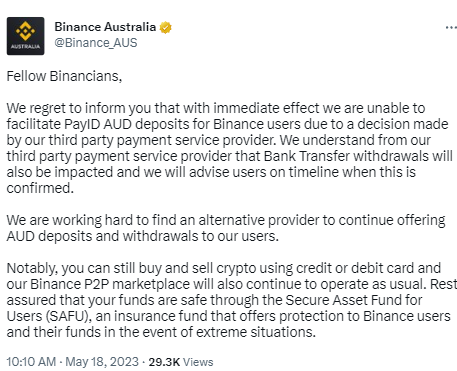 币安澳大利亚子公司暂停澳元法币存取款服务
