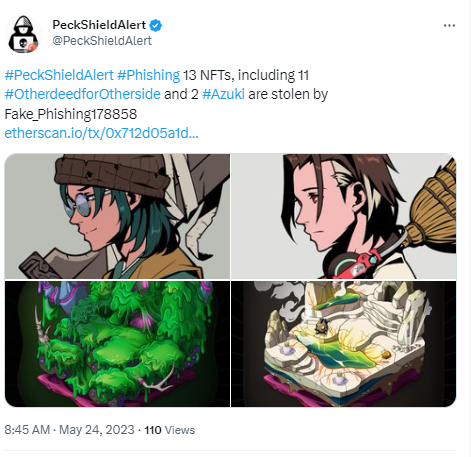 派盾：某钓鱼地址盗取13枚NFT，包括11枚Otherside和2枚Azuki