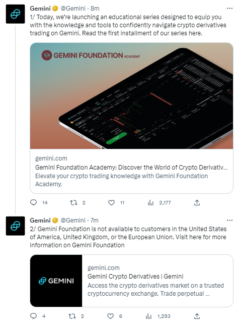 Gemini在其推出學院的公告中強調其基金會不適用於美國、英國或歐盟的客戶