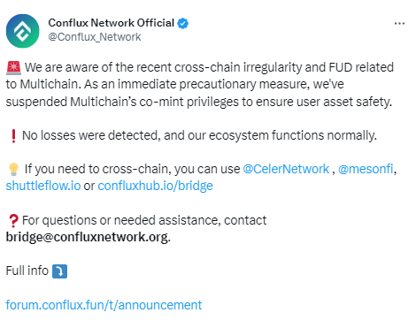 Conflux: Multichain joint minting rights have been suspended, and no loss of funds has been detected so far