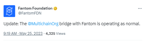 Fantom基金会：Multichain与Fantom的桥接正常运行