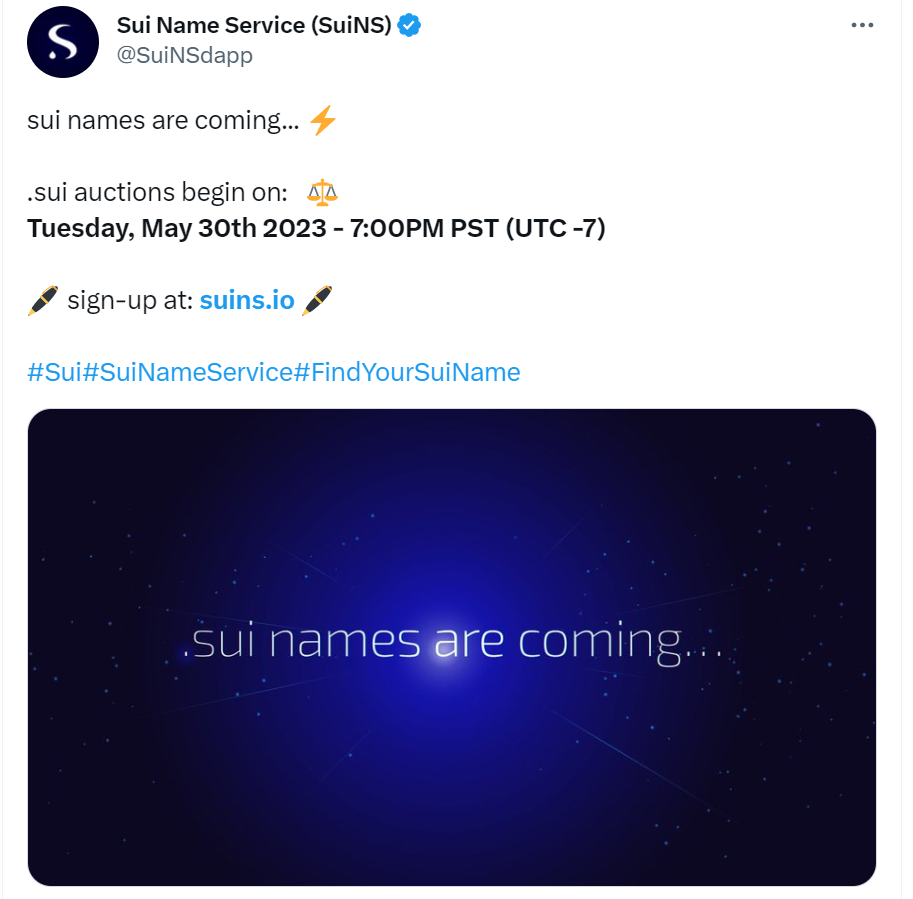 Sui生态域名服务SuiNS拍卖将于5月31日开始