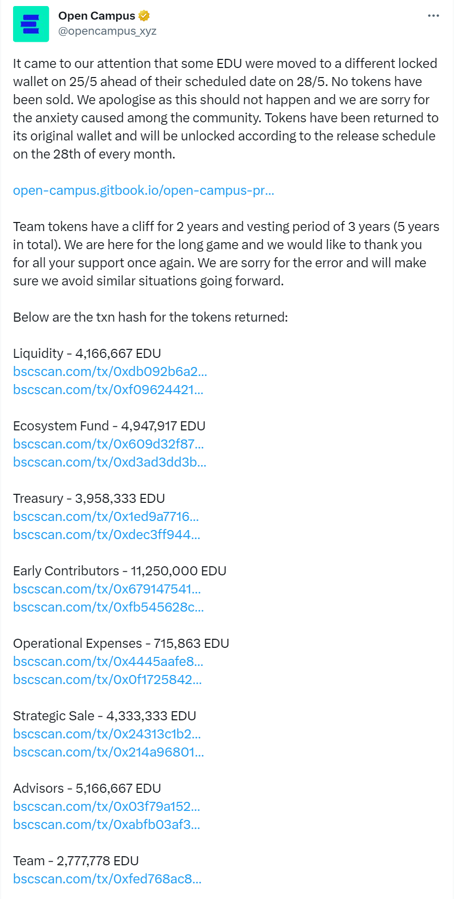 Open Campus回应EDU解锁前转移：没有代币被出售，已全部返还至原钱包，仍于每月28日解锁