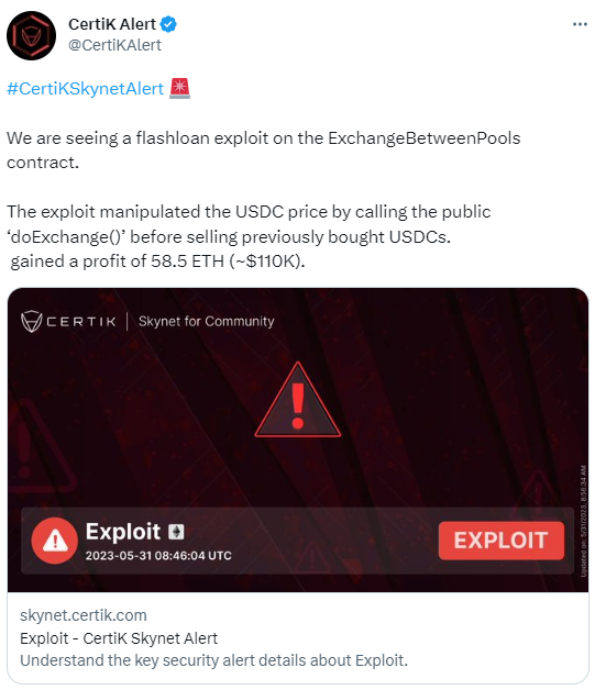 安全公司：ExchangeBetweenPools合约遭闪电贷攻击，攻击者获利约11万美元