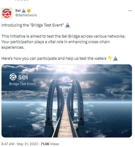 公链Sei开启跨链桥Sei Bridge测试活动