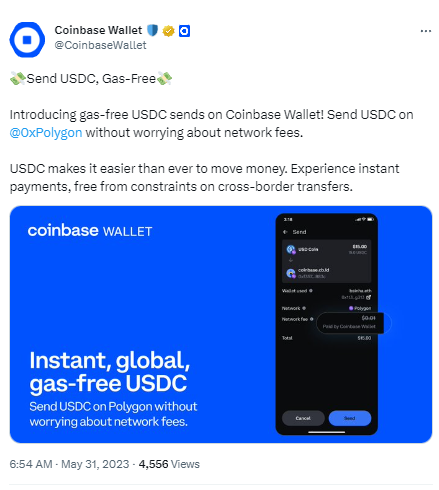 Coinbase Wallet在Polygon网络推出免Gas费转账USDC活动