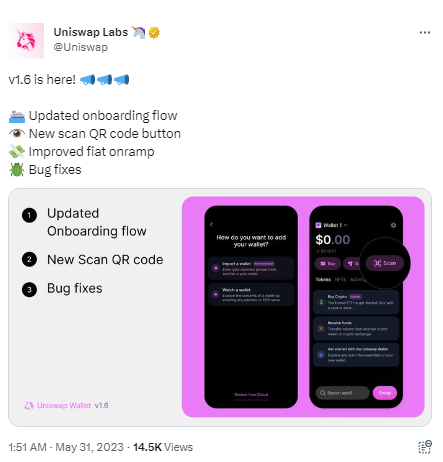 Uniswap Wallet发布v1.6版本，更新包括修复漏洞和改进法币入口等