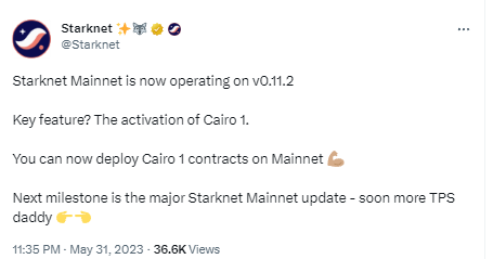 Starknet主网已在v0.11.2版本上运行，关键特征为激活Cairo 1