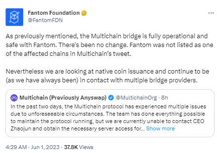 Fantom基金会：Multichain与Fantom的桥接仍正常运行，正研究发行原生代币