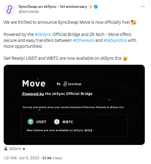 跨链桥SyncSwap Move已上线，首批支持USDT与WBTC