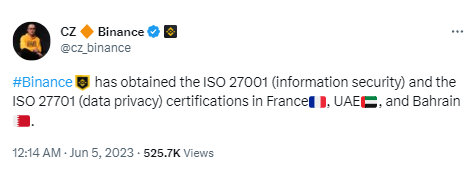 币安已在法国、阿联酋和巴林获得信息安全和数据隐私认证