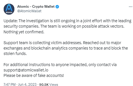 Atomic：正收集受害者地址并联系各方追踪和阻止被盗资金，调查仍在进行