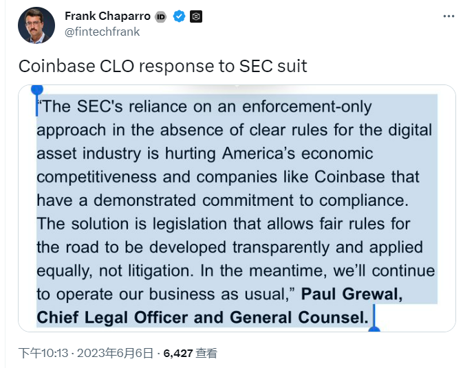 Coinbase回应SEC：解决方案是立法而非诉讼，将照常运营业务