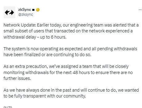 zkSync已修复部分用户取款延迟问题