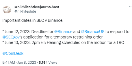 SEC要求冻结Binance US资产相关听证会将于6月14日进行，此前获批报道不实