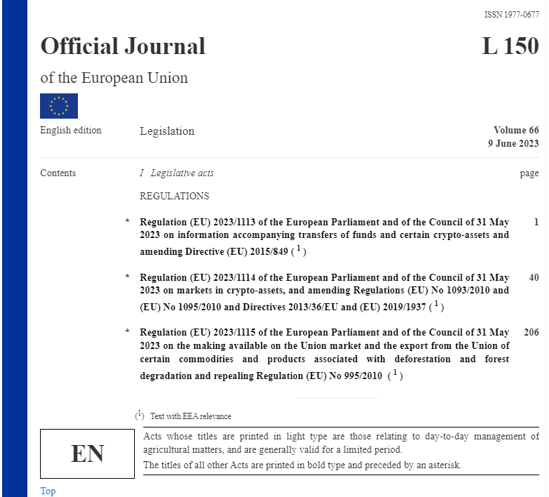 歐盟加密資產市場法MiCA已在歐盟官方公報發布