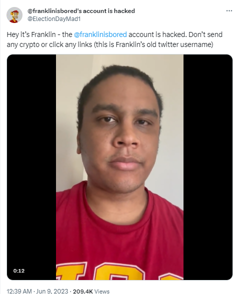 预警:NFT巨鲸Franklin推特账号疑似被盗,请勿点击可疑链接