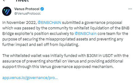 Venus Protocol更新：BNB Chain将独家接管BNB Bridge攻击者的仓位